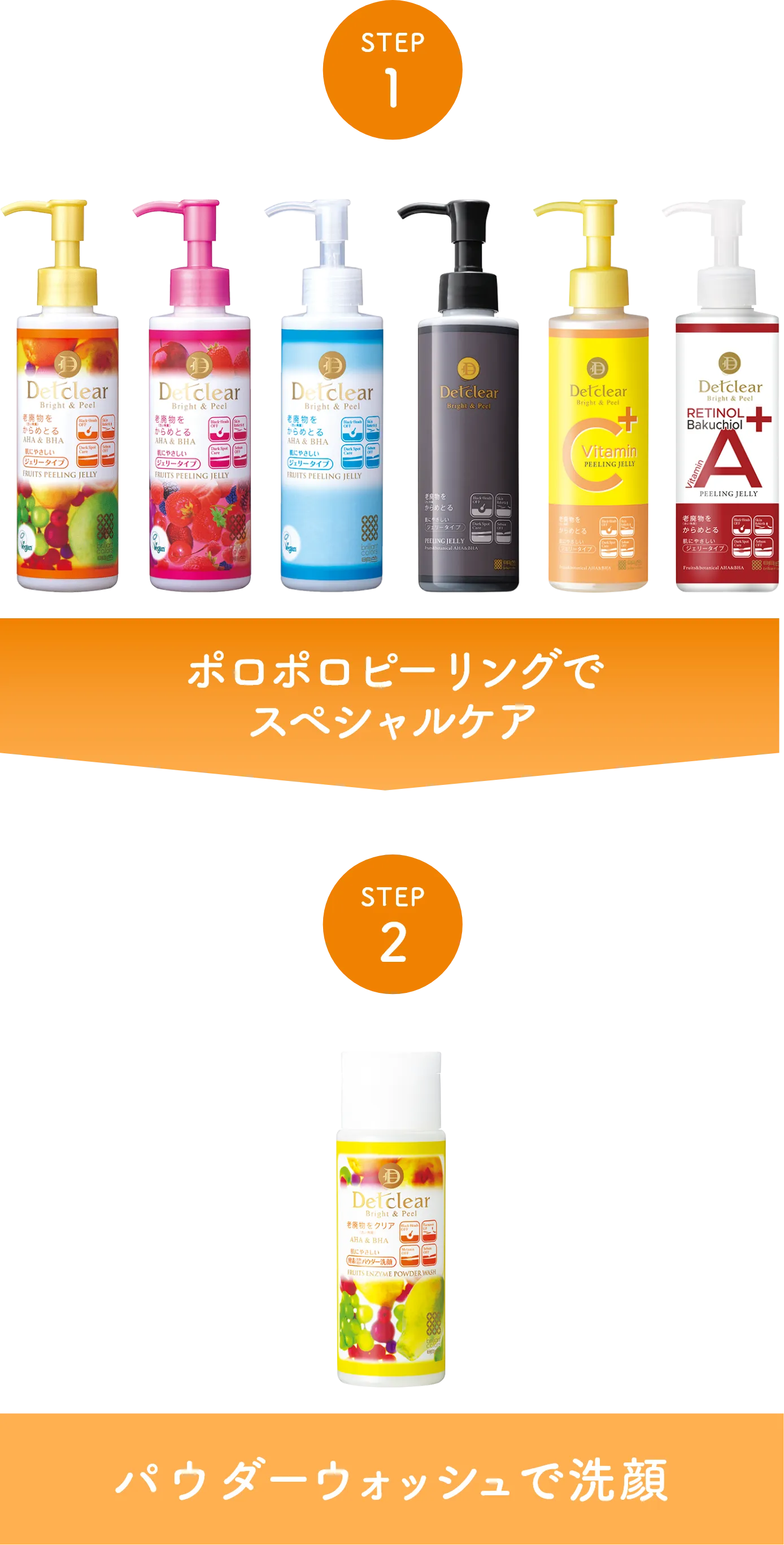 step1 ポロポロピーリングでスペシャルケア step2 パウダーウォッシュで洗顔