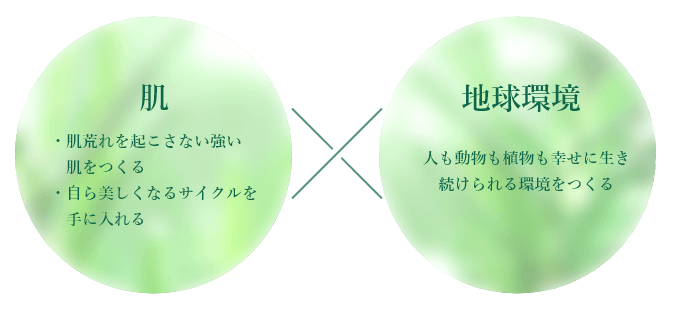 肌：肌荒れを起こさない強い肌をつくる・自ら美しくなるサイクルを手に入れる、地球環境：人も動物も植物も幸せに生き続けられる環境をつくる