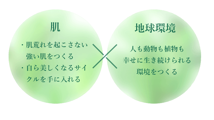 肌：肌荒れを起こさない強い肌をつくる・自ら美しくなるサイクルを手に入れる、地球環境：人も動物も植物も幸せに生き続けられる環境をつくる