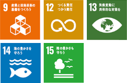 9 産業と技術革新の基盤を作ろう 12 作る責任 使う責任 13 気候変動に具体的な対策を 14 海の豊かさを守ろう 15 陸の豊かさも守ろう